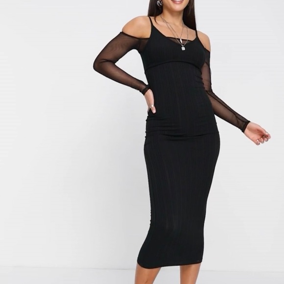 Topshop Tall mesh off the shoulder rib cut out dress in black 🖤 XL / 14 🖤 BNWT - Picture 3 of 14